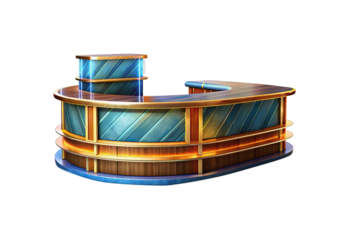 Elegant Reception Desk with Wood and Blue Accents on Black Background
