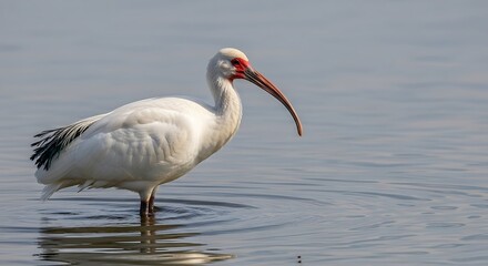 Obraz premium Elegant white ibis wading in calm water, reflecting beauty and grace