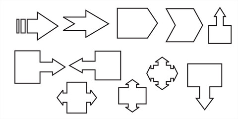 Minimalist Outline Arrow Shape Collection Vector Set — Geometric Direction Icons Pack, Thin Line Arrows for Infographic, Flowchart, Diagram, Navigation, Business, and Interface Design