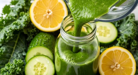 Green juice with kale, cucumber, and lemon symbolizes detox and weight loss.
