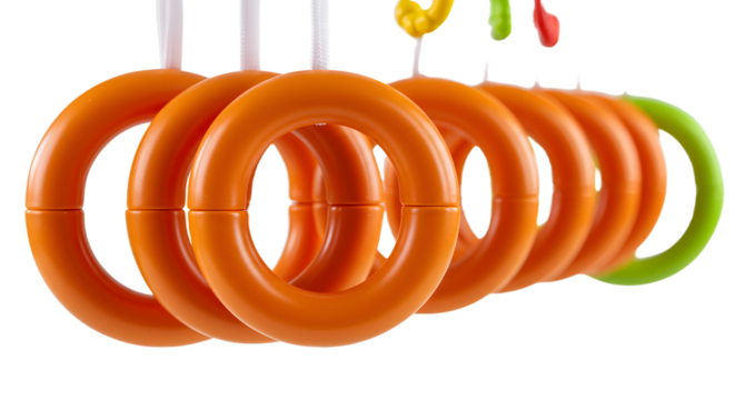 BABY TOYS - Close-up of colorful plastic rings on a baby activity gym toy, perfect for early childhood development and sensory play