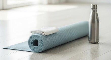Stay healthy with a clean yoga mat, towel, and water bottle ready for a fitness workout at home or studio, promoting well-being and mindful movement