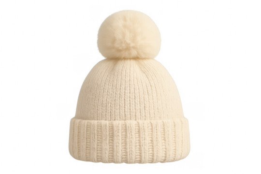 Beige knitted beanie hat with pom-pom
