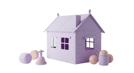 BABY TOYS - Minimalist children's play tent shaped like a small house with pastel toys, perfect for indoor playrooms and creative activities