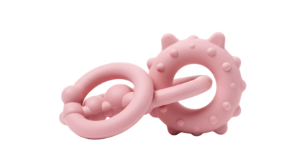 BABY TOYS - Pink silicone baby teether toy with textured nodules, safe and soft for infants' gums, ideal for soothing discomfort during teething