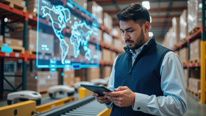 Efficient warehouse management with professional using tablet to monitor logistics and inventory. background features digital world map