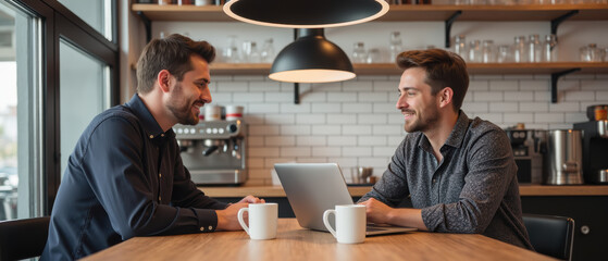 Two men engaged in friendly conversation at coffee shop, working on laptop. atmosphere is relaxed and inviting, perfect for collaboration