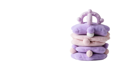 BABY TOYS - Stack of soft pastel purple and pink plush crowns on black background, perfect for children's decor or playful photoshoots
