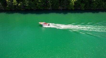 Motorboat speeding across turquoise water near trees with copy space