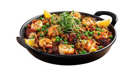 Fototapeta premium black plate of paella with crawfish, scallops, clams, peas, and herb garnish isolated on a white background