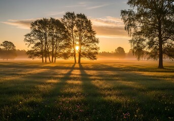 Serene morning glow bathes a misty meadow with trees and wildflowers