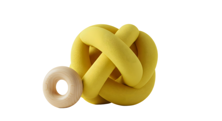 BABY TOYS - Yellow dog chew knot toy with wooden ring on white background, durable pet accessory for chewing and playing