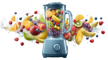 Blender with fruit flying isolated on a white background