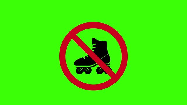 Flat-style vector icon showing roller skates inside a red prohibition circle with diagonal slash, black and red colors only, no background.