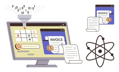 Computer screen managing invoices, data funneling into grid system, atomic design concept. Ideal for finance, automation, organization, technology, digital tools efficiency innovation. Simple flat
