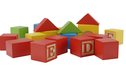 BABY TOYS - Colorful wooden alphabet blocks and geometric shapes scattered on white background, perfect for early childhood education
