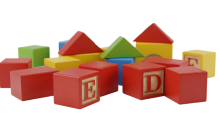 BABY TOYS - Colorful wooden alphabet blocks and geometric shapes scattered on white background, perfect for early childhood education