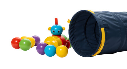 BABY TOYS - Colorful wooden caterpillar toy with a blue play tunnel on a white background, ideal for early childhood development and sensory play