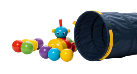 BABY TOYS - Colorful wooden caterpillar toy with a blue play tunnel on a white background, ideal for early childhood development and sensory play