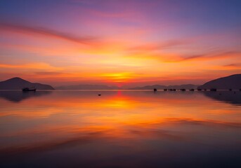 Vibrant hues paint the sky over tranquil waters in serene seascape