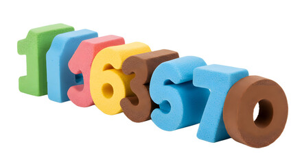 BABY TOYS - Colorful foam number toys from one to seven arranged in a line isolated on white background, perfect for early childhood education and learning