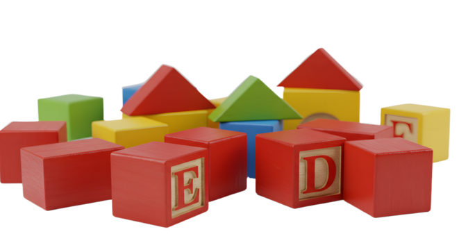 BABY TOYS - Colorful wooden alphabet blocks and geometric shapes scattered on white background, perfect for early childhood education