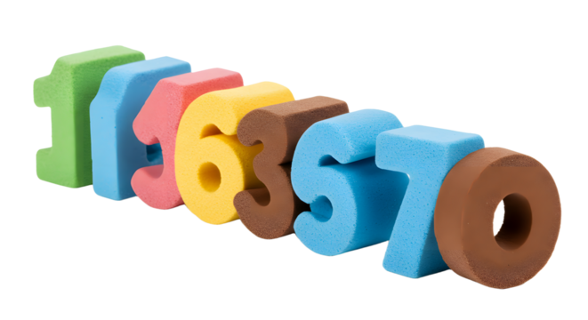 BABY TOYS - Colorful foam number toys from one to seven arranged in a line isolated on white background, perfect for early childhood education and learning