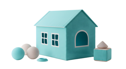 BABY TOYS - Cute small blue toy house with pastel balls and building block, minimalist children?s playroom setup, perfect for early childhood education