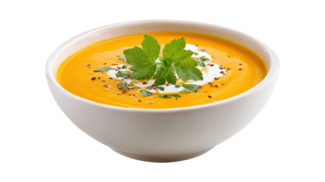 Bowl of vegetable cream soup isolated on a white background
