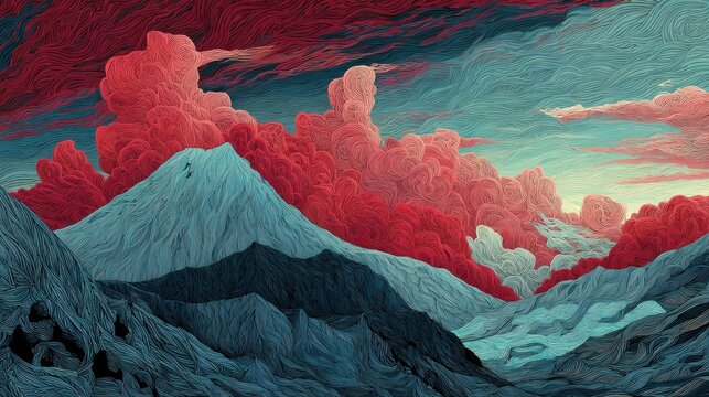Mountain peak with red and blue cloudscape