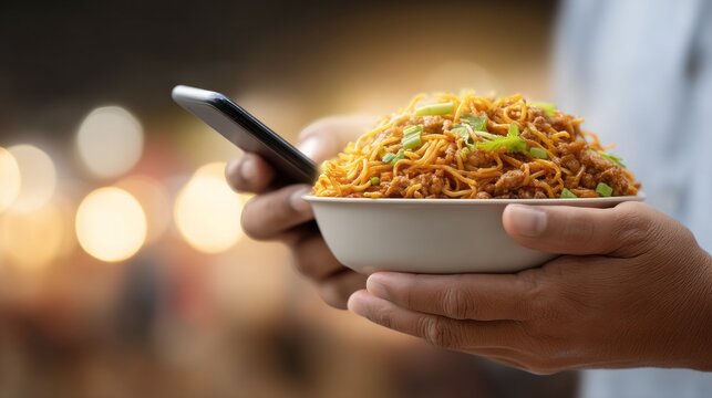 In a bustling food market, a man enjoys a hot bowl of flavorful noodles, expertly mixed with fresh ingredients, while casually browsing on his smartphone - Powered by Adobe