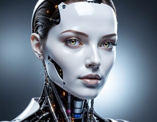 Humanoid AI robot face with half human, half machine design