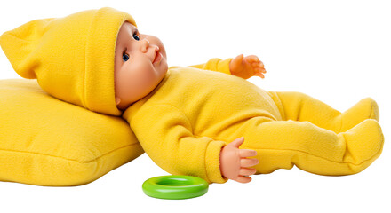 BABY TOYS - Lifelike baby doll wearing a yellow outfit and hat lying on a yellow pillow with a green ring toy, perfect for child development and playtime scenes