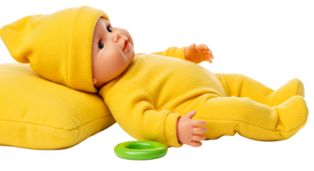 BABY TOYS - Lifelike baby doll wearing a yellow outfit and hat lying on a yellow pillow with a green ring toy, perfect for child development and playtime scenes