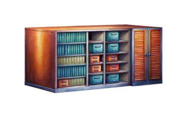 Office storage unit featuring folders, boxes, and a cabinet with shutters