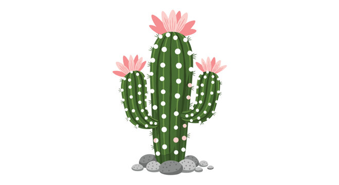 A tall green cactus with three pink flowers on top.