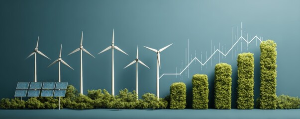 economic growth infrastructure policy. Sustainable energy concept with wind turbines and bar graph made of greenery.