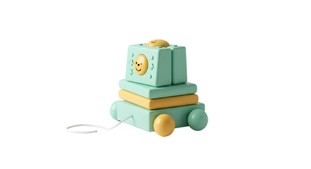 BABY TOYS - Pastel-colored wooden pull toy shaped like a smiling train with a string on a white background, perfect for children's playrooms and early learning