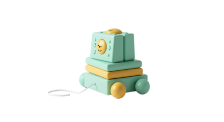 BABY TOYS - Pastel-colored wooden pull toy shaped like a smiling train with a string on a white background, perfect for children's playrooms and early learning