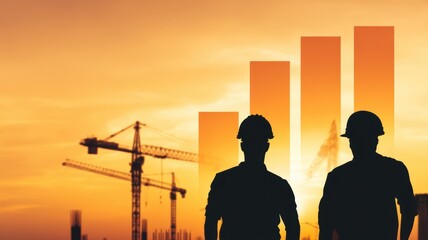 economic growth infrastructure policy. Silhouettes of workers against a sunset with rising bar graphs in the background.