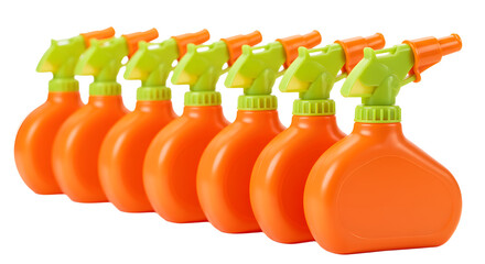 BABY TOYS - Row of bright orange plastic spray bottles with green nozzles on white background, perfect for cleaning and gardening use