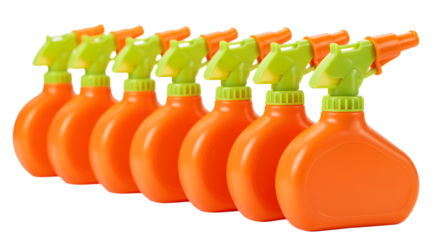 BABY TOYS - Row of bright orange plastic spray bottles with green nozzles on white background, perfect for cleaning and gardening use