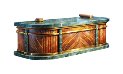 Art Deco style reception desk with marble, wood, and gold accents