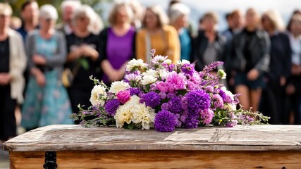 Funeral ceremony with floral arrangement on wooden casket