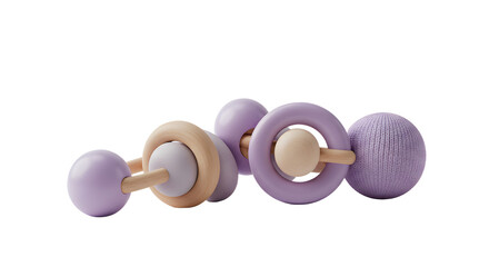 BABY TOYS - Soft pastel purple wooden baby rattle and teether toy set isolated on white, perfect for newborn gifts and infant playtime