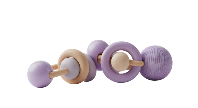 BABY TOYS - Soft pastel purple wooden baby rattle and teether toy set isolated on white, perfect for newborn gifts and infant playtime