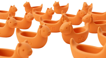 BABY TOYS - Multiple orange rubber duck toys shaped like various animals on a white background, perfect for children?s play or decoration