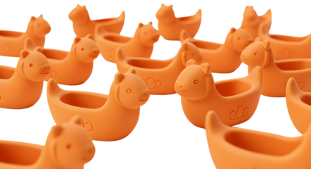 BABY TOYS - Multiple orange rubber duck toys shaped like various animals on a white background, perfect for children?s play or decoration