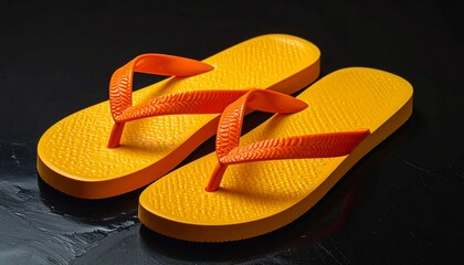 Pair of vibrant flip-flops with yellow base and orange diagonal stripes placed side by side on a dark surface