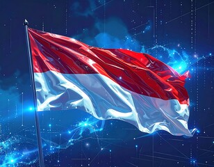 A waving red and white flag against a background of digital lines and light